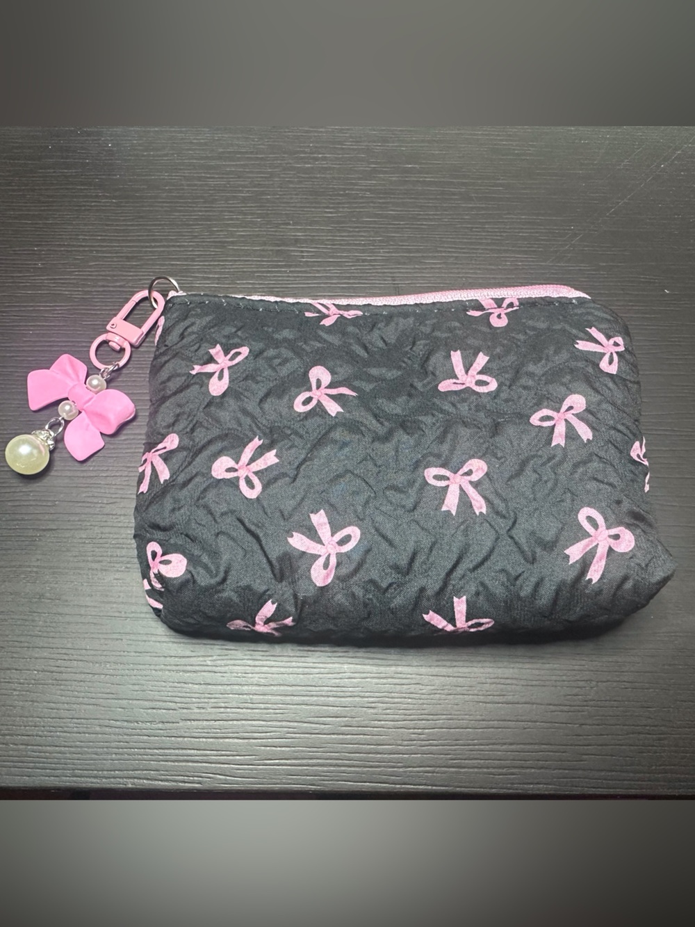 Black Wristlet Pouch with Pink Bow Print